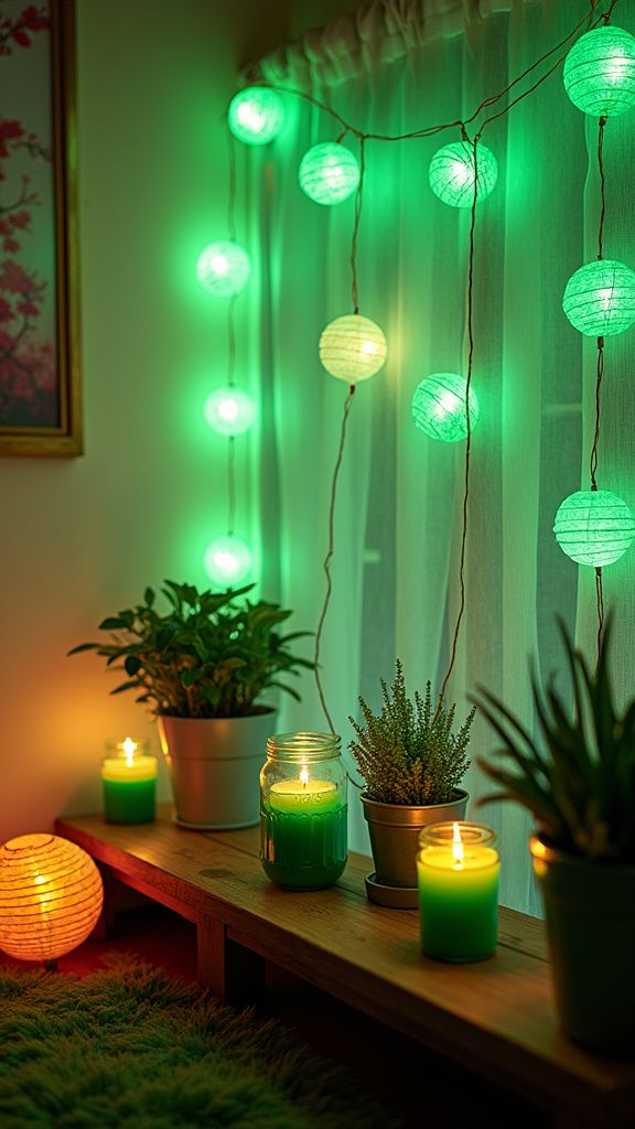 Green paper lanterns and shamrock cutouts hanging above a cozy corner