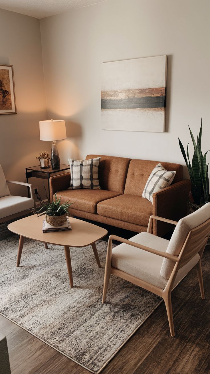 Small living room with a sofa and chairs on legs to create visual openness.