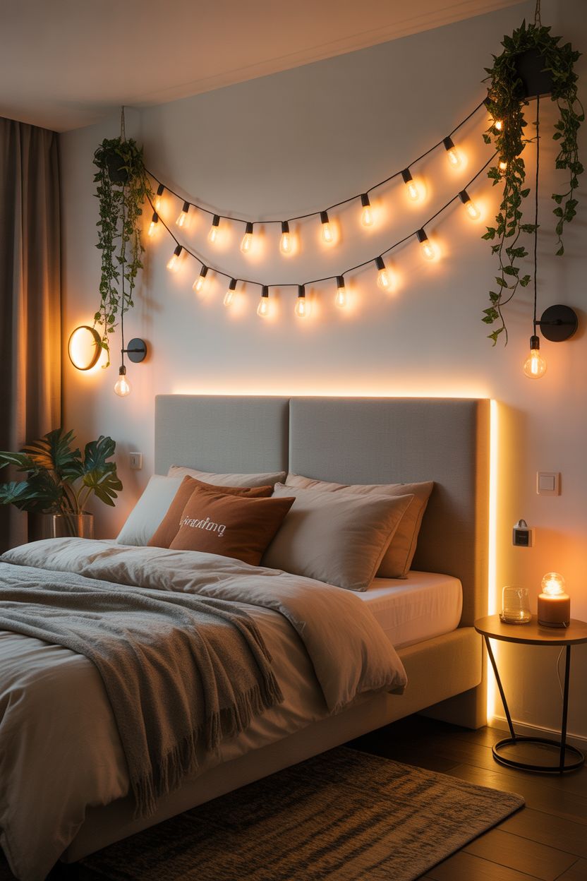 Small bedroom featuring warm strip lighting behind the bed
