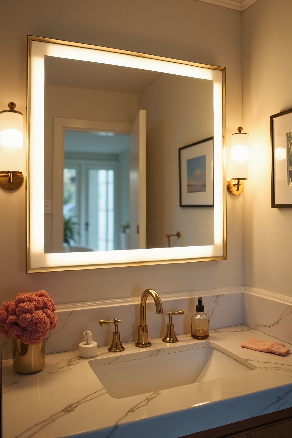 A bathroom with a chic light fixture above the mirror, casting warm, inviting light.