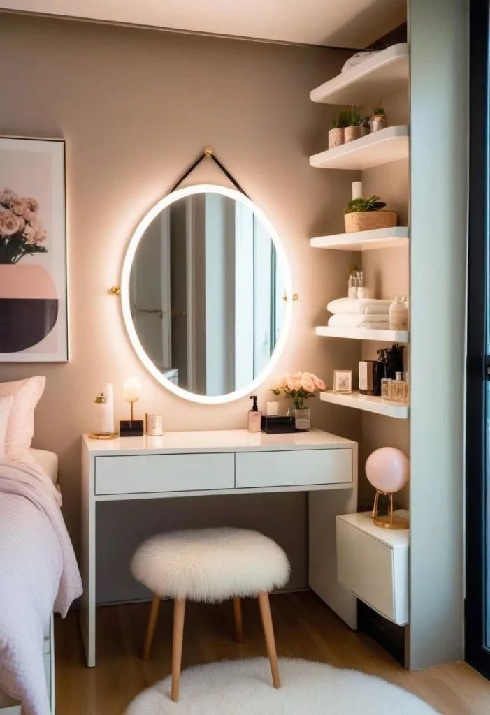 A studio apartment with a wall mirror.