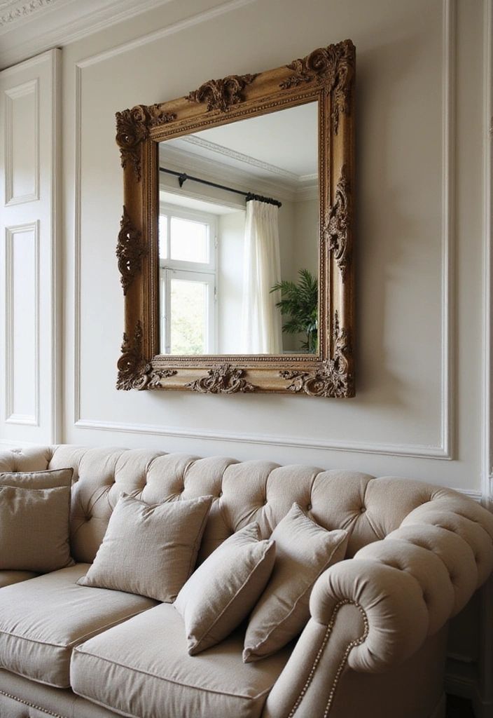 A compact living room with a large ornate mirror above the sofa reflecting natural light.