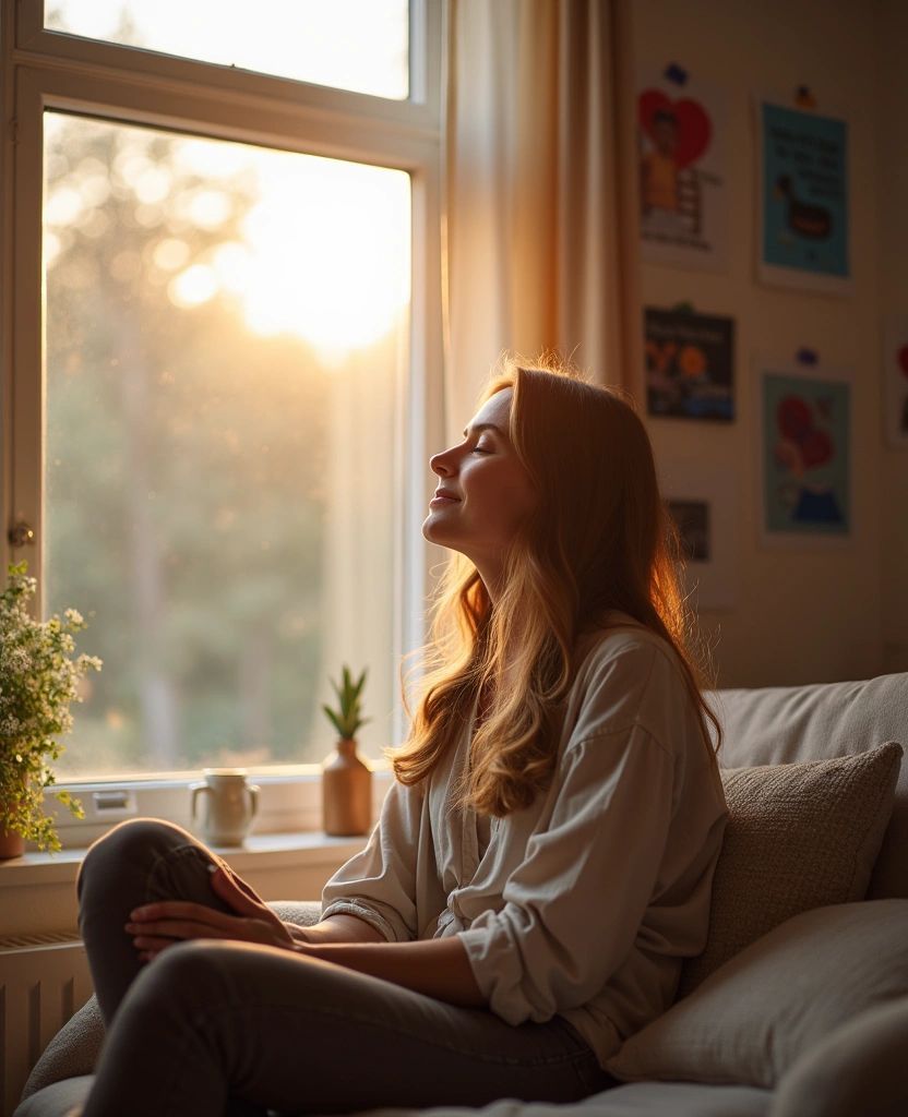 A calm person sitting on a bed eyes closed in soft morning light.