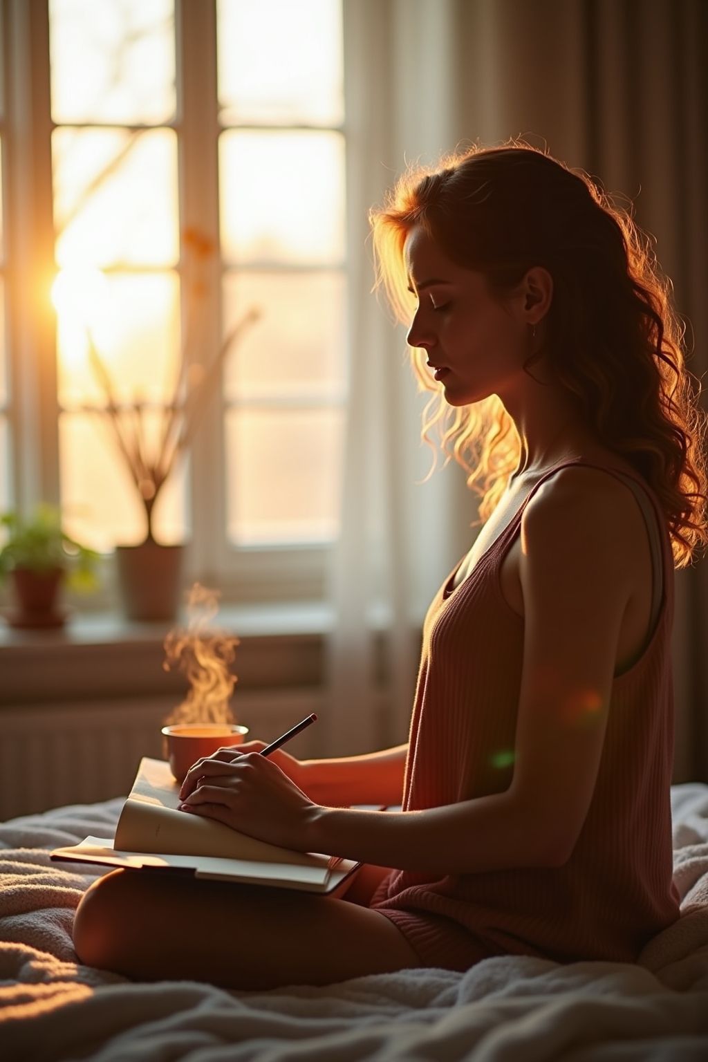 Person practicing morning self-care, journaling and enjoying coffee.