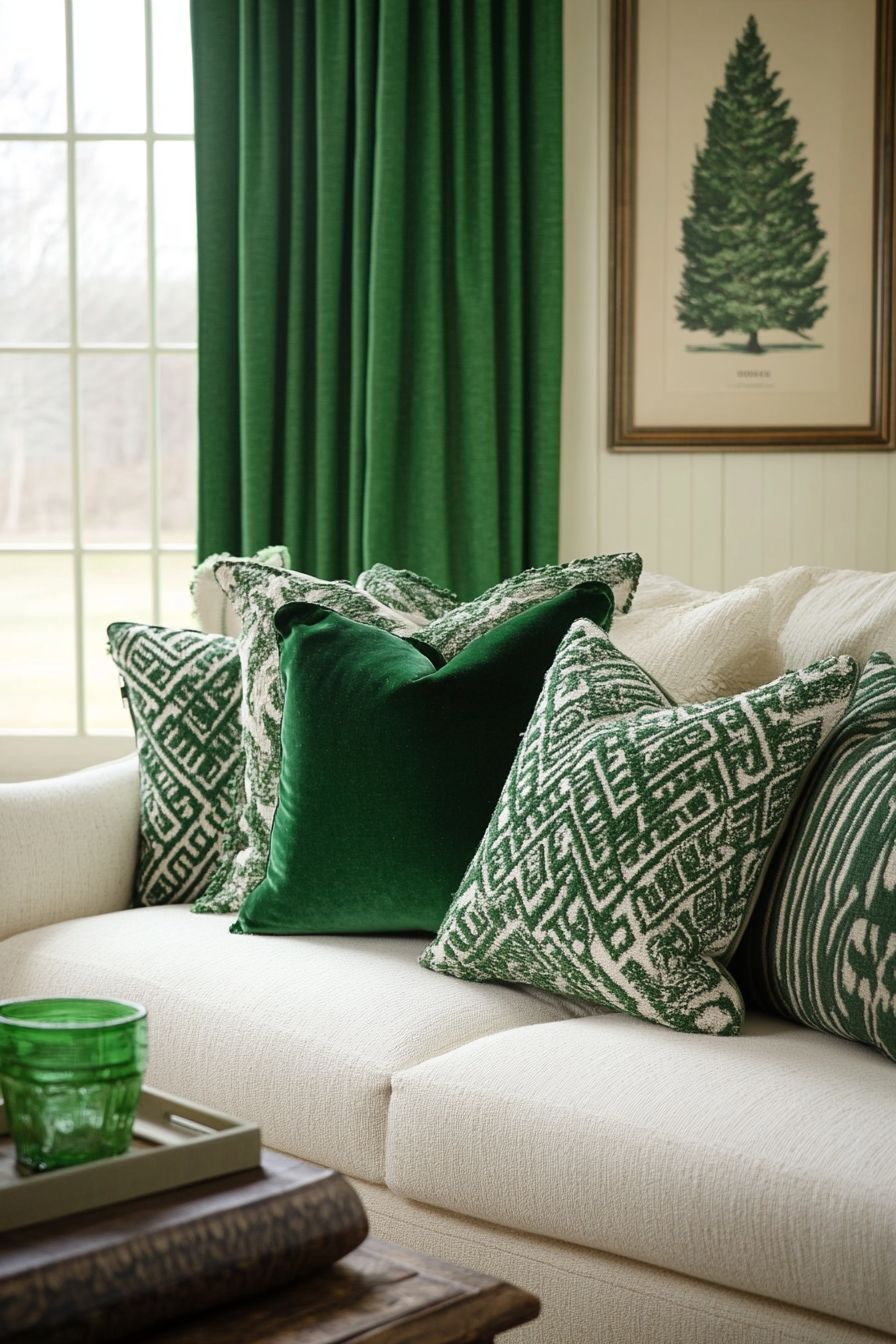 A living room sofa layered with green throws and cushions in different textures and muted tones.