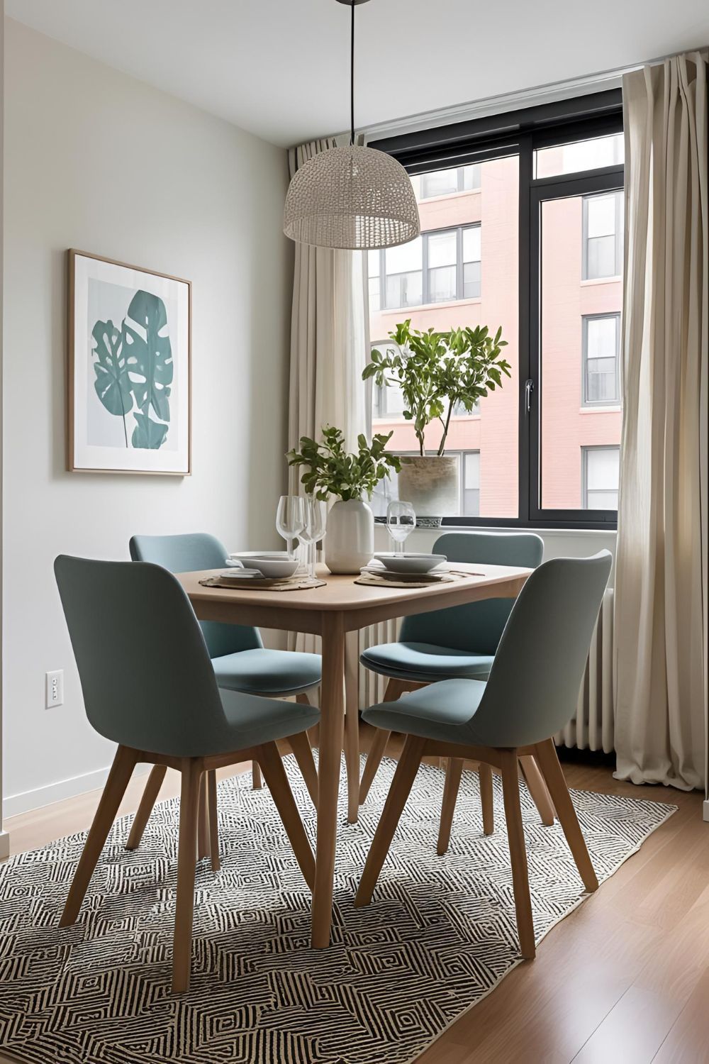 Small dining room with light-wood table and chairs 