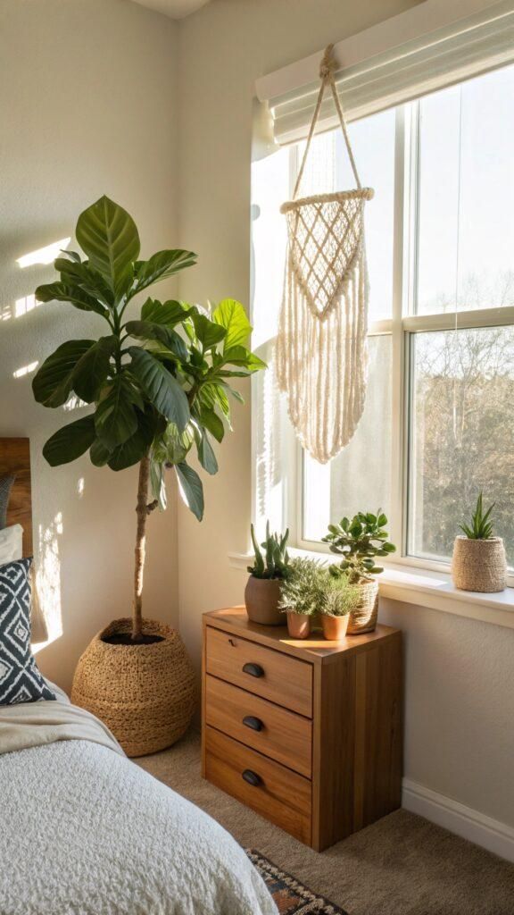 A small bedroom with potted plants on a nightstand.