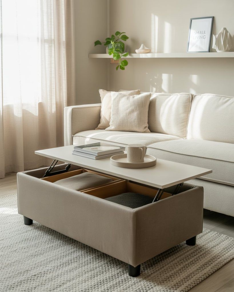 A compact living room with a stylish storage ottoman, nesting tables, and a sleek sofa