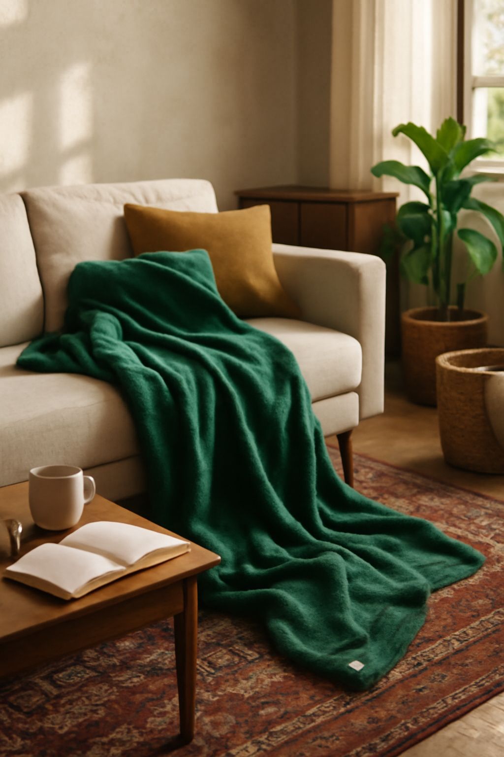 A soft green throw blanket draped over a cushion.