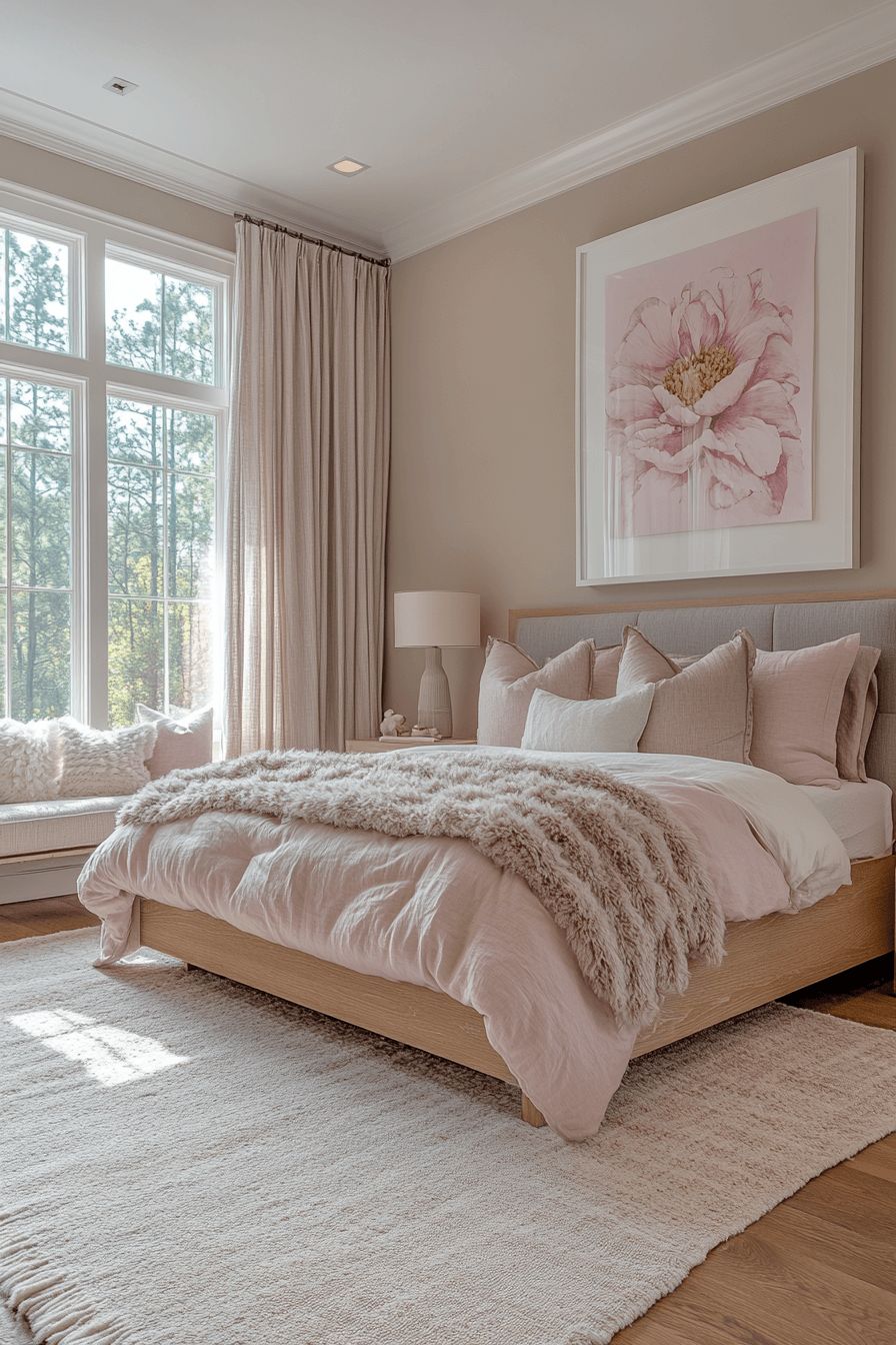 A small bedroom with a soft, plush area rug under the bed. 