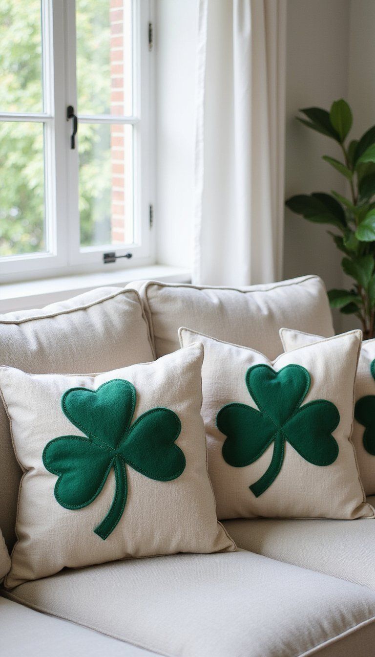 A cozy sofa with green and shamrock-patterned throw pillows.