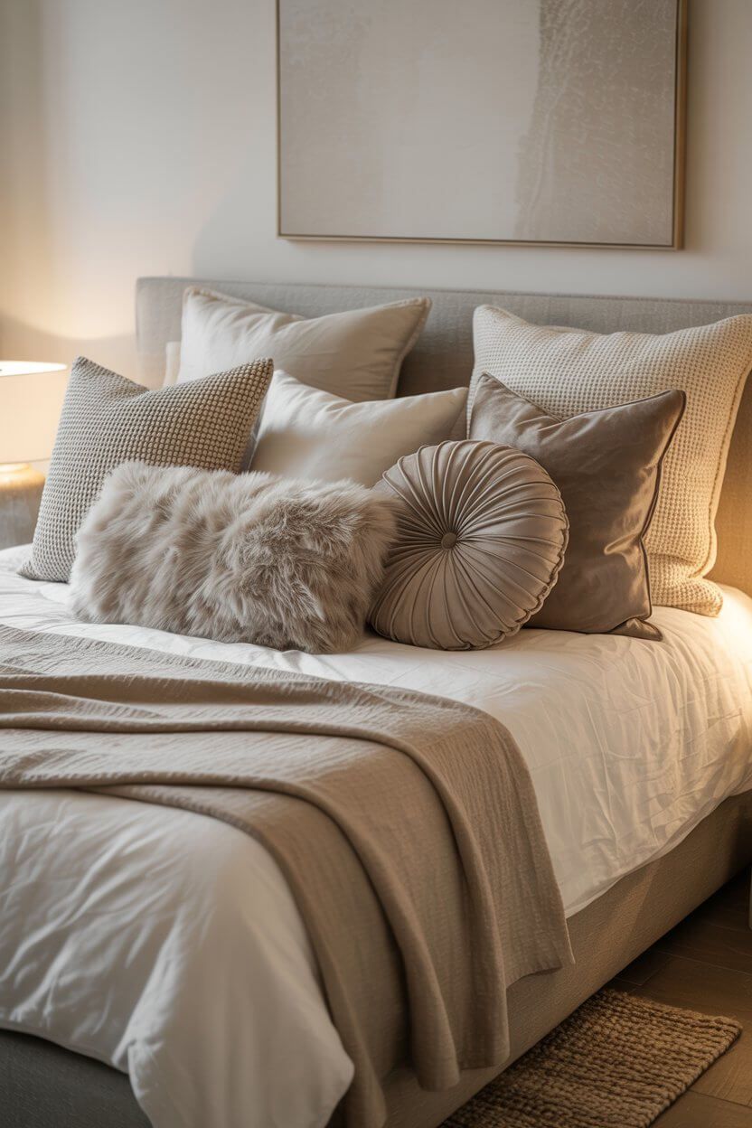 Small bedroom bed with layered neutral pillows
