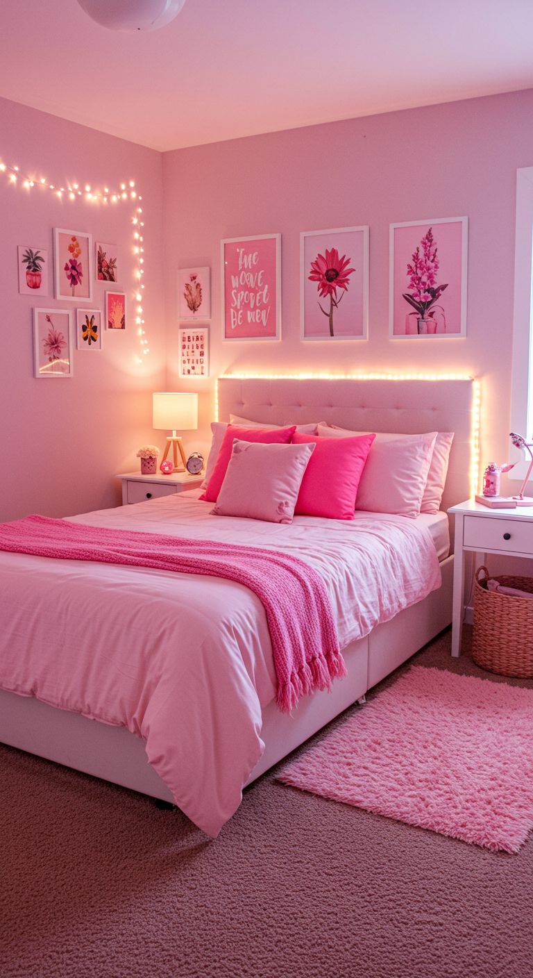 Teen girl bedroom with soft pink colors