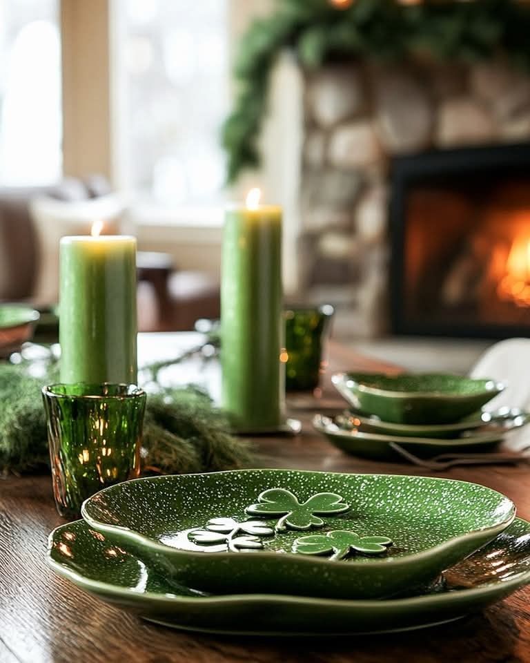 A cozy St. Patrick’s Day table styled with candles.