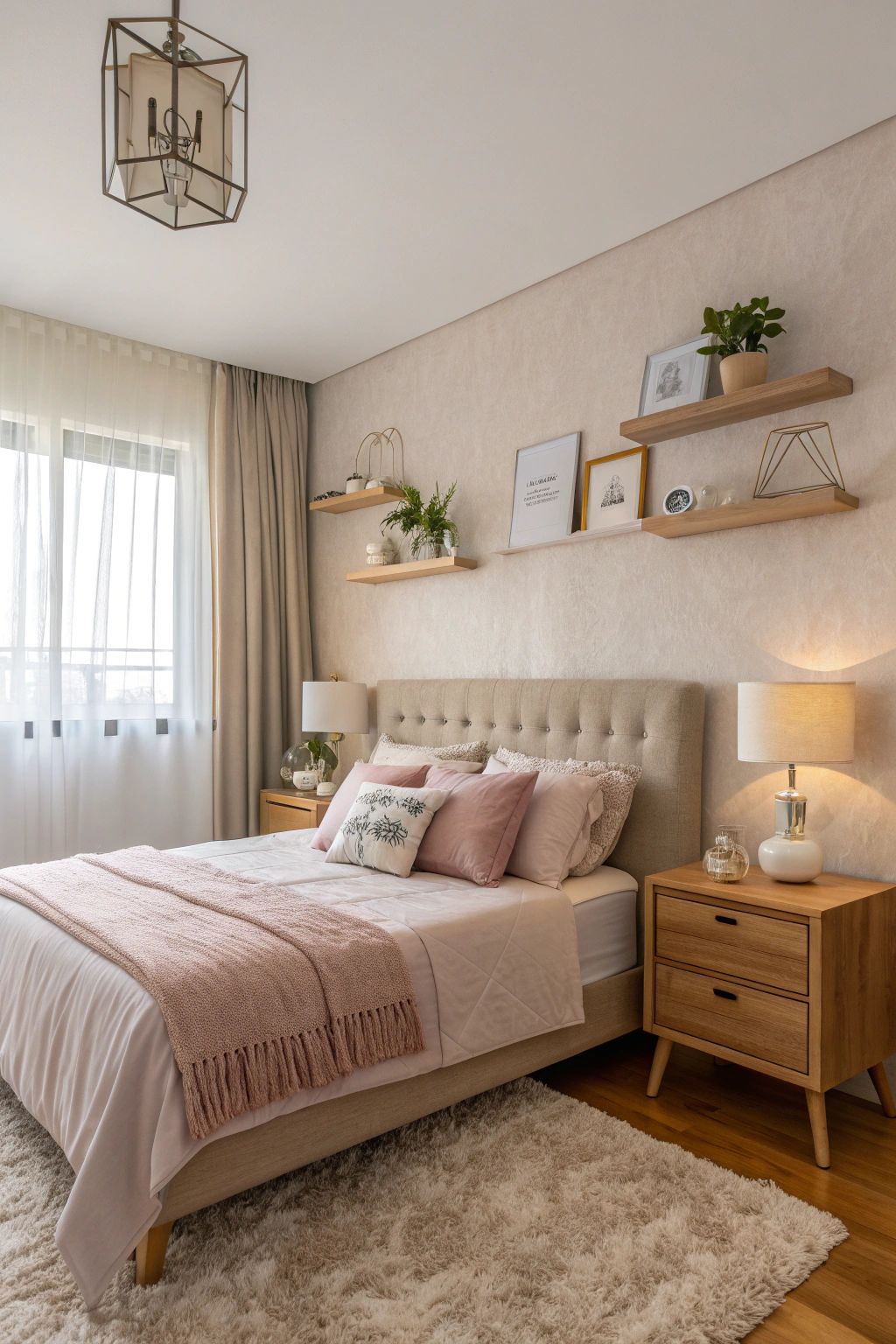 Small bedroom featuring a soft neutral rug under the bed