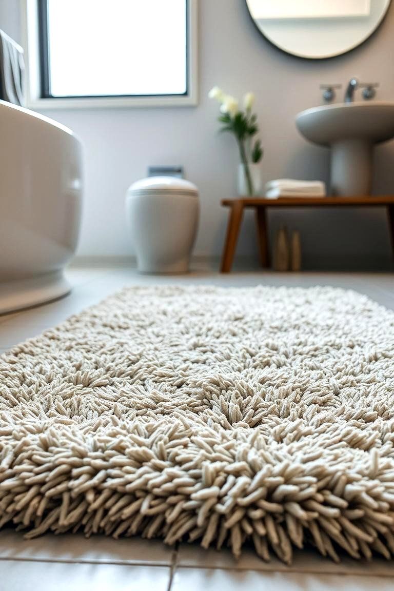 Bathroom with a plush small textured rug near the tub.