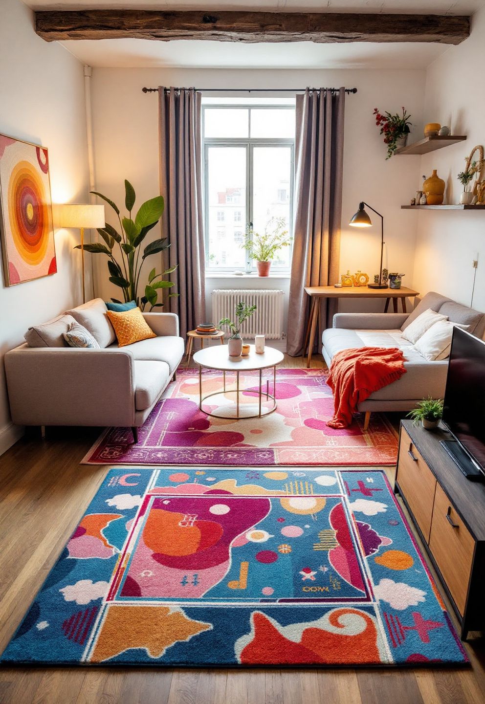 A studio apartment with clearly defined zones using rugs, furniture placement.