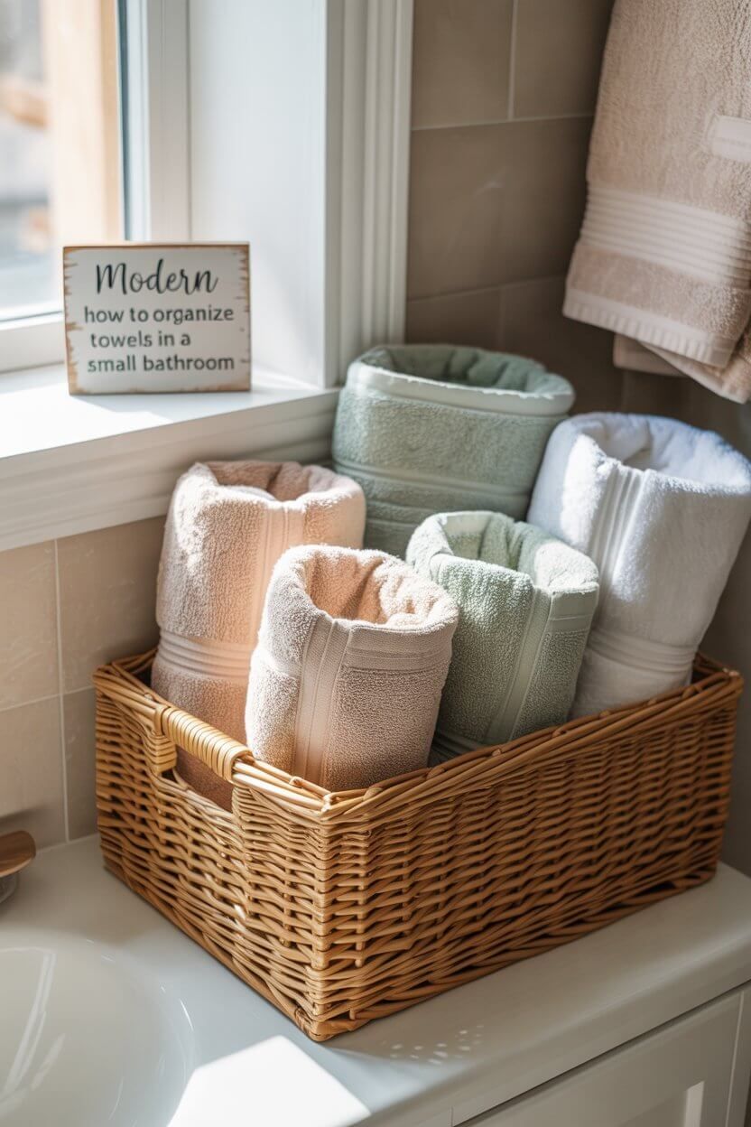 Rolled and neatly folded thick towels in a small bathroom, styled on a basket