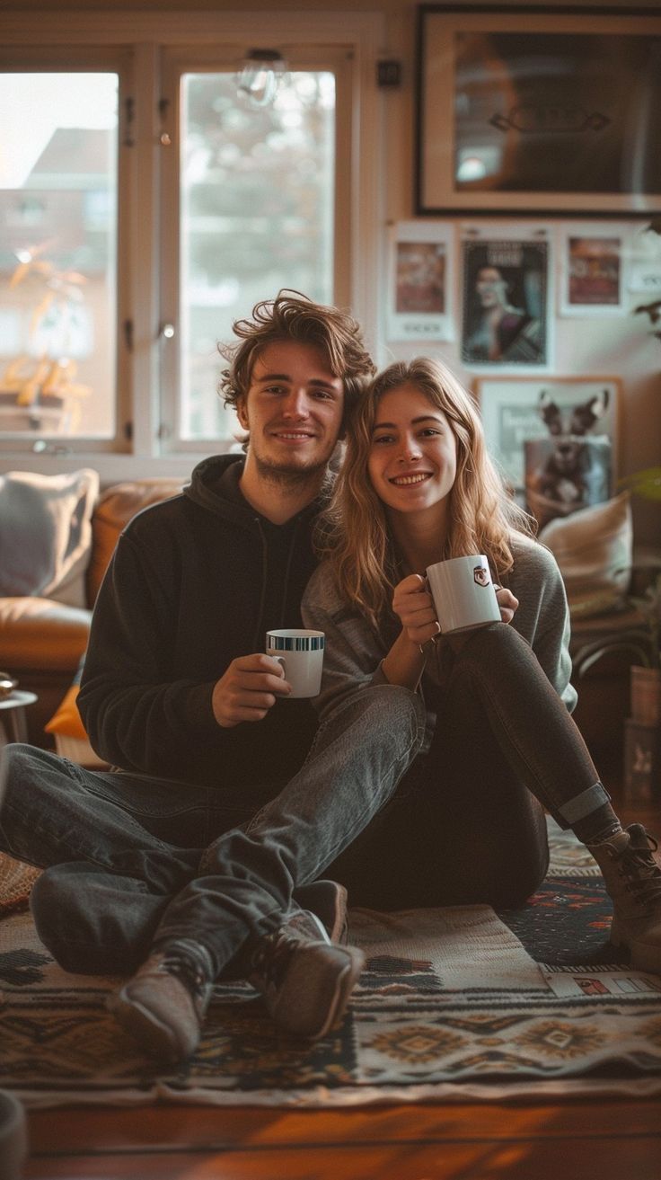 A couple sitting beside each other with coffee 