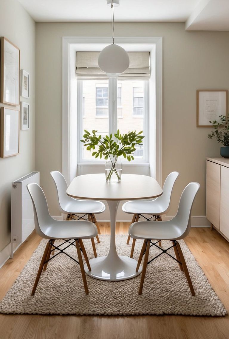 Small dining room with slim minimalist chairs around a table