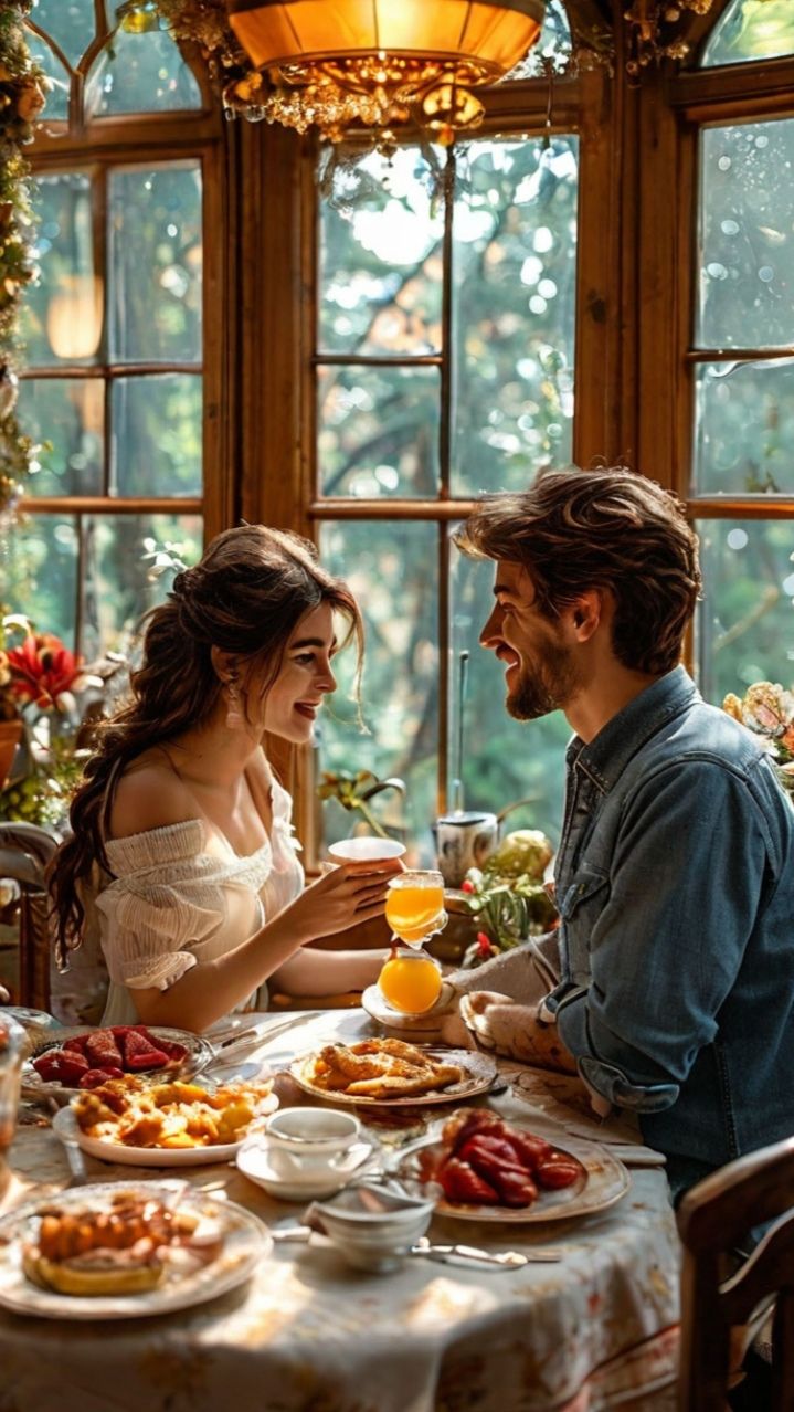 A couple sitting at a table with an assortment of desserts in front of them