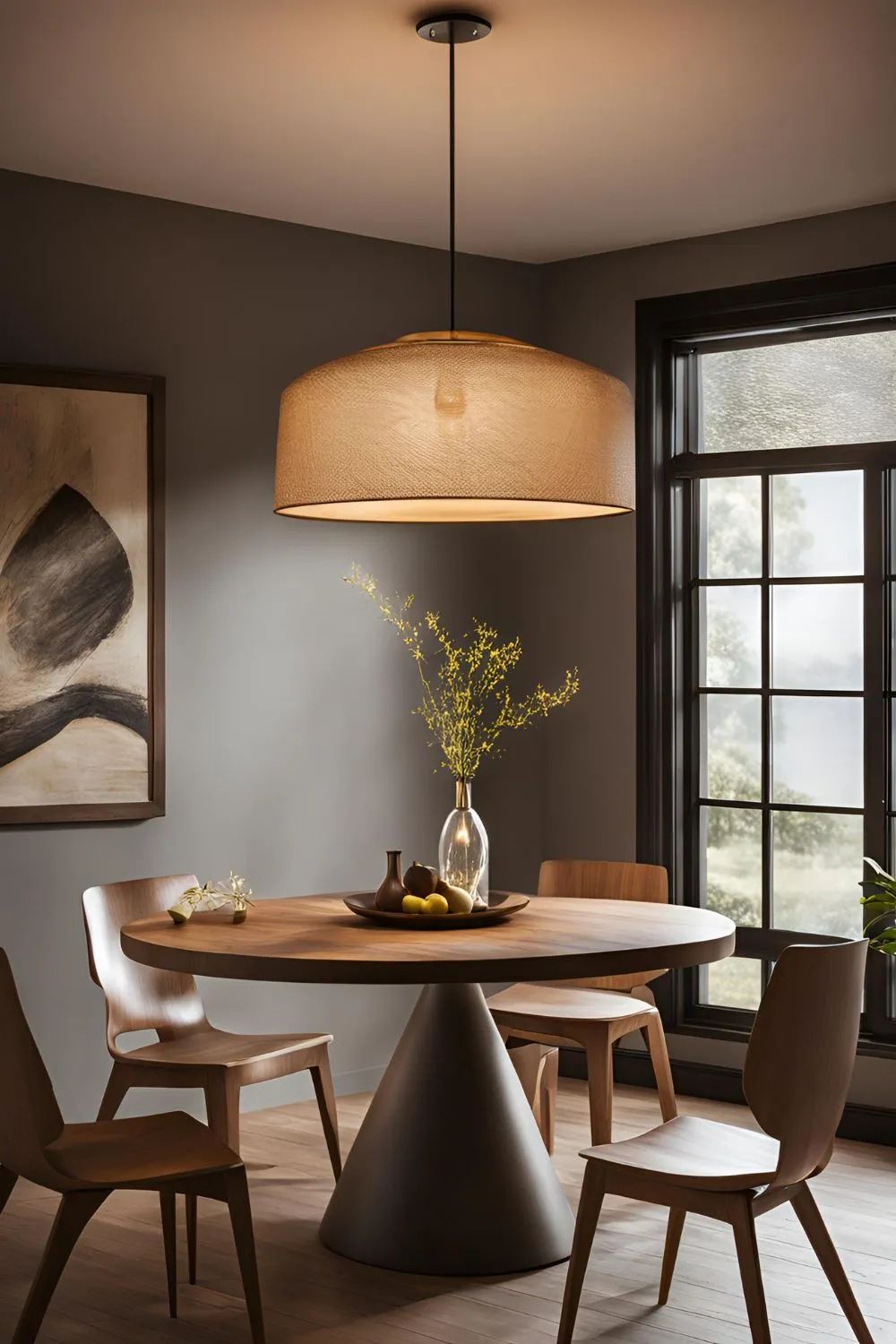 Small dining room with a statement pendant light above a round table