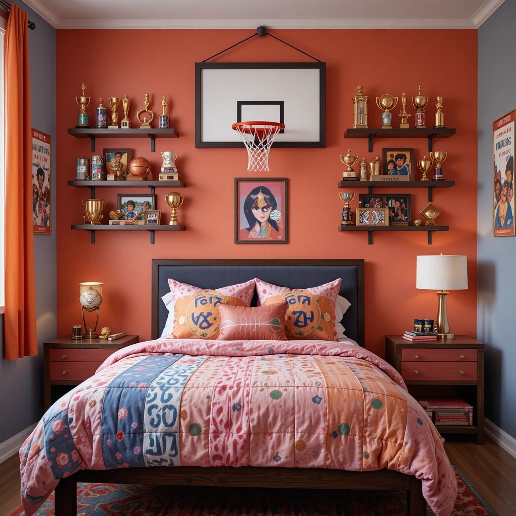 Teen girl bedroom with basketball-themed decor including pillows