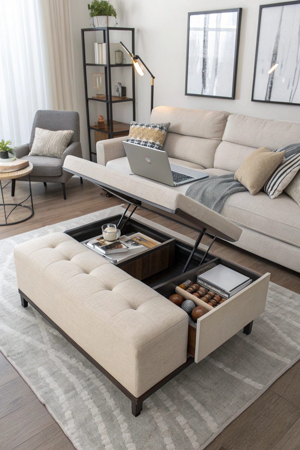 A small apartment living room with a neutral storage ottoman used as a coffee table.