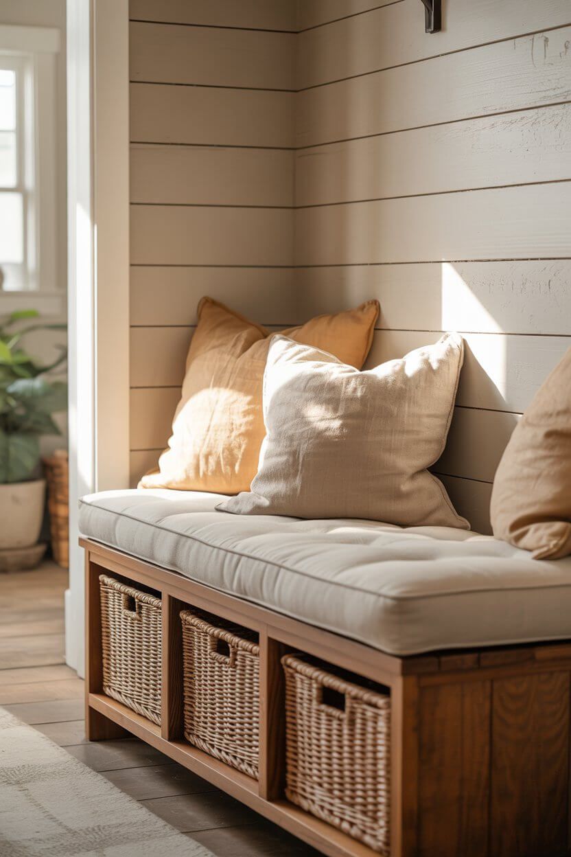 A small living room with chic storage baskets and a sleek storage bench.
