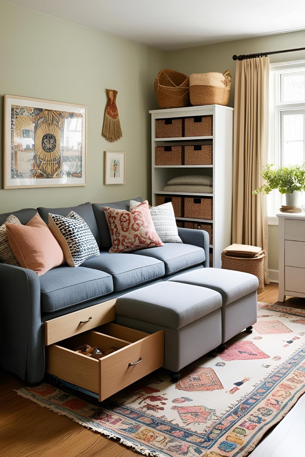 A small apartment living room showing slim storage baskets neatly tucked under a sofa. 