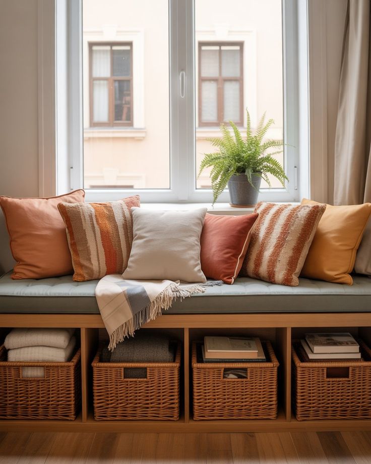 A small apartment living room with an upholstered storage bench placed under a window. 