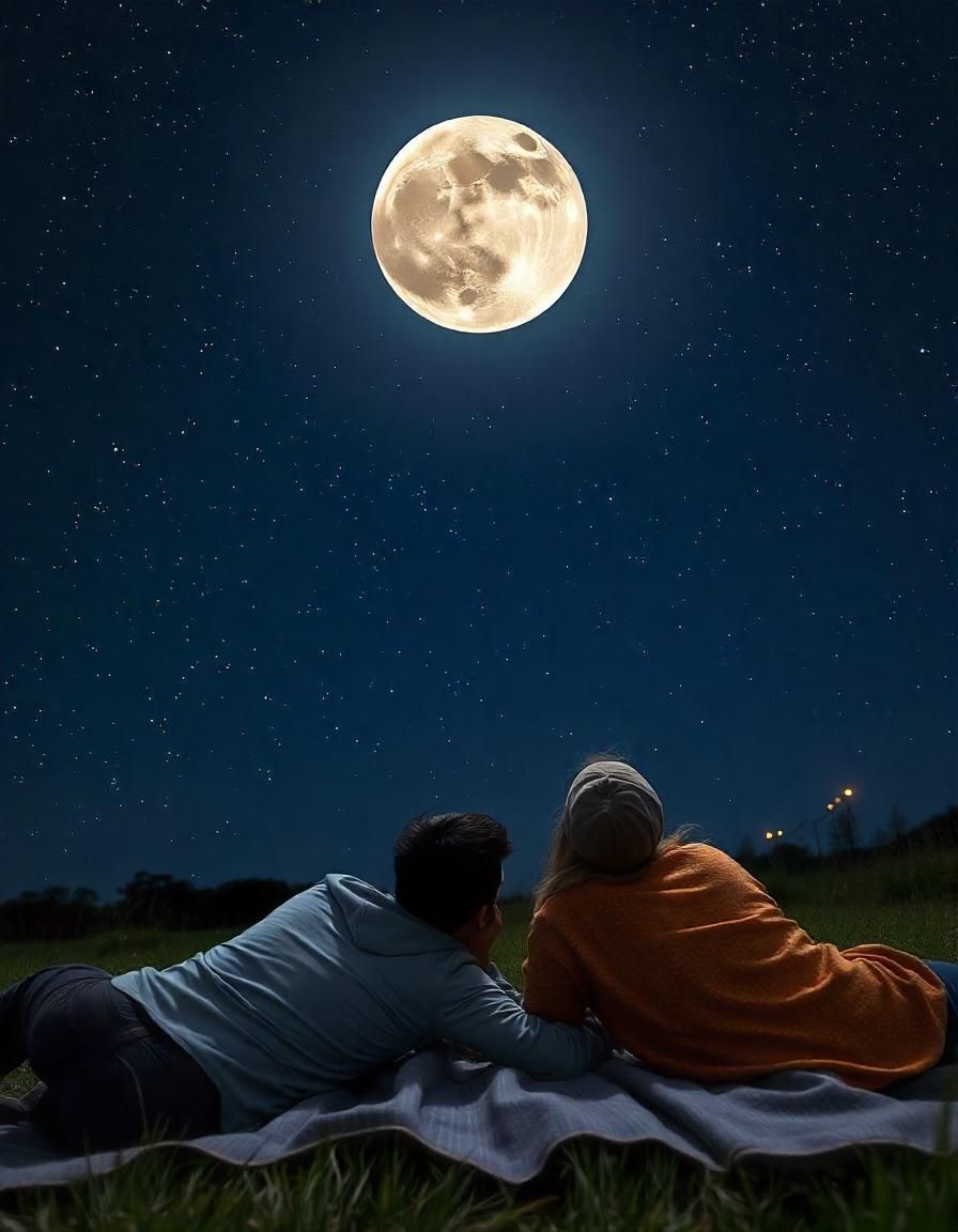 A couple lying on a blanket outdoors, looking up at the stars