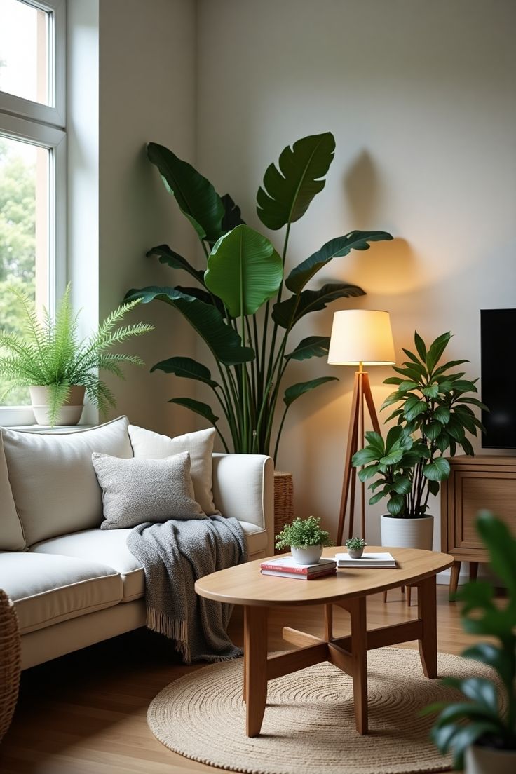 A small apartment living room with a multi-level side table styled with a plant, books.