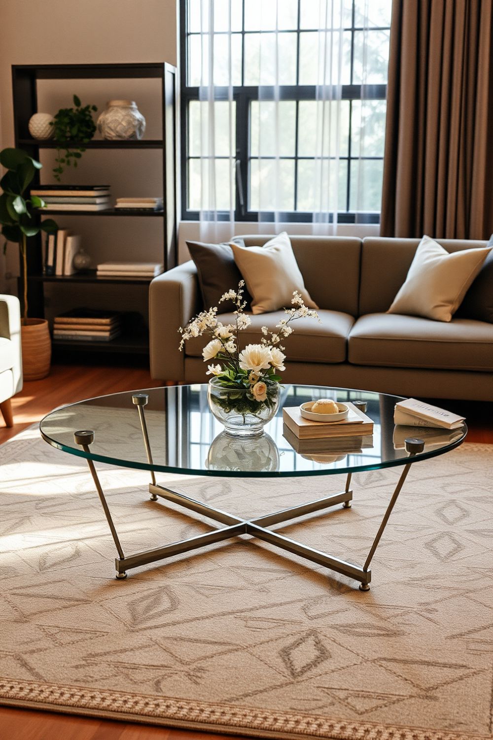 A small living room with a glass coffee table, minimalist décor, and a neutral-toned sofa.
