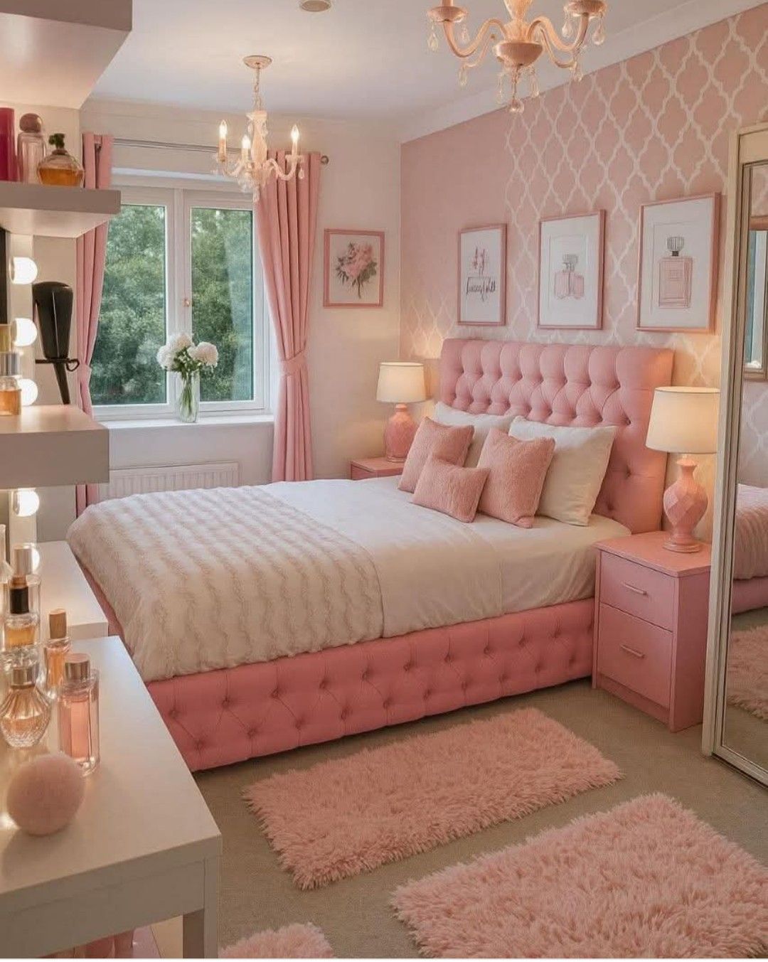 Teen girl bedroom bed with layered blankets and pillows