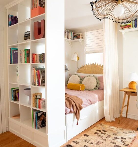 A studio apartment showing a sofa-bed and a vertical shelving unit.
