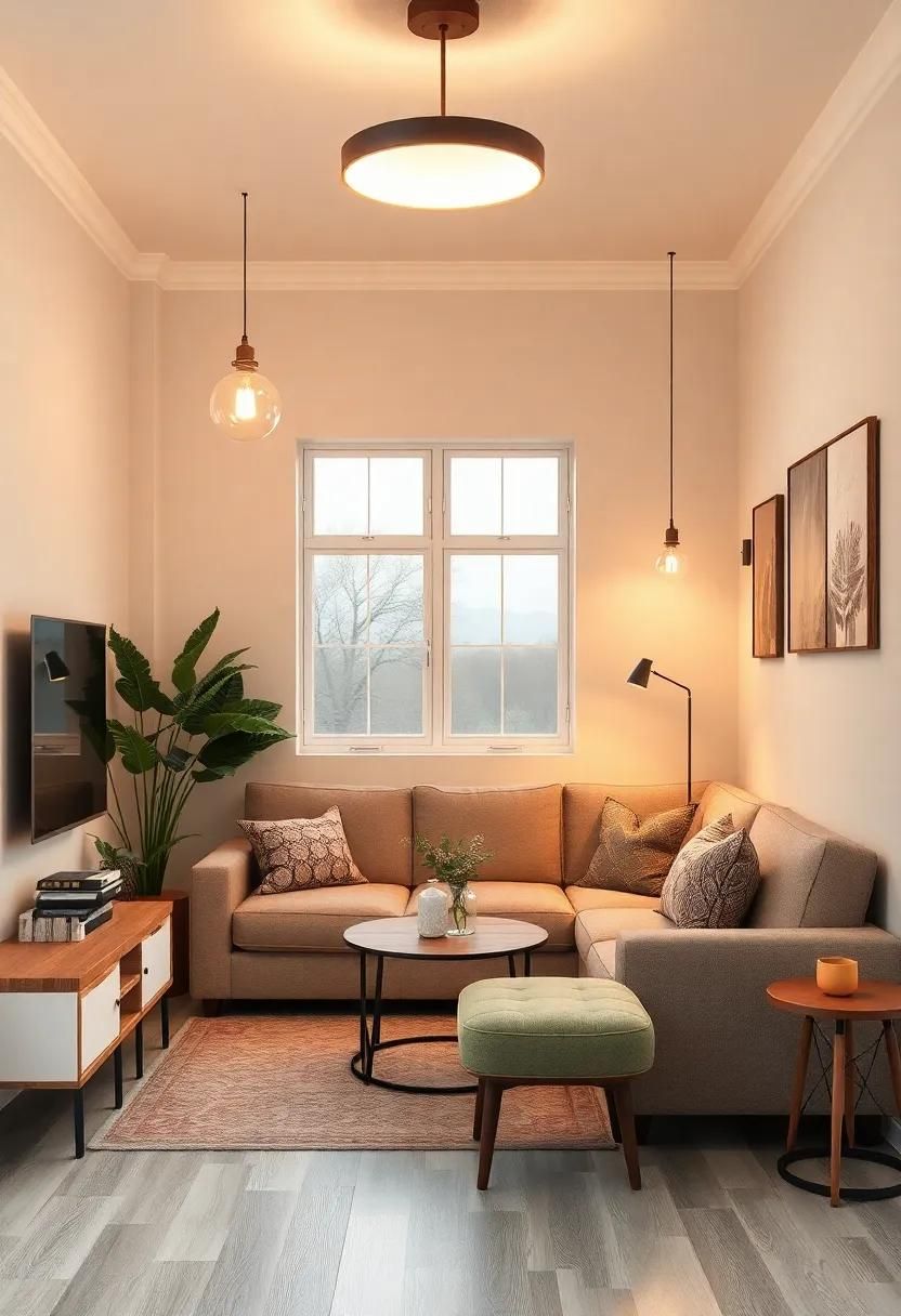 A small living room featuring a modern chandelier over a minimalist sofa setup with layered lighting.