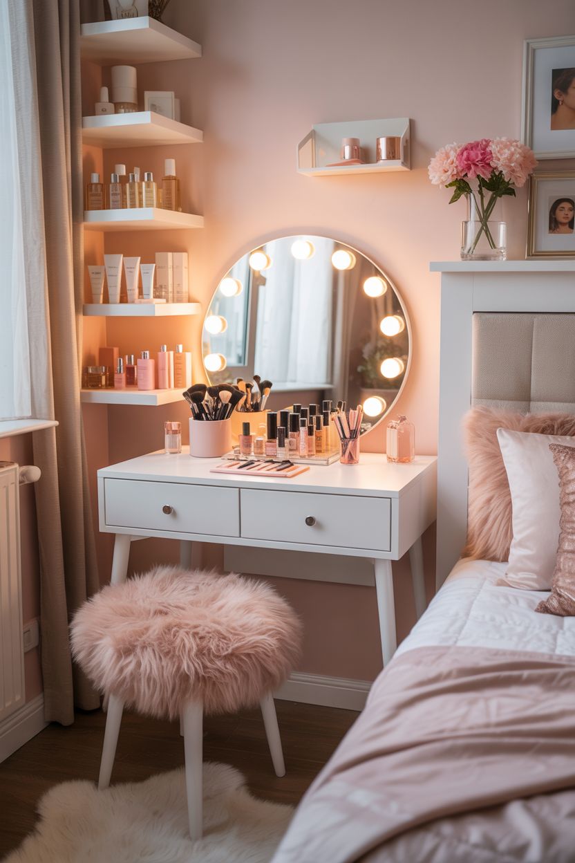 teen girl bedroom with a small vanity corner