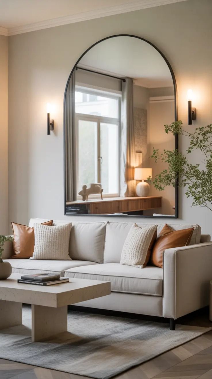 Living room with a large wall mirror reflecting light and furniture.