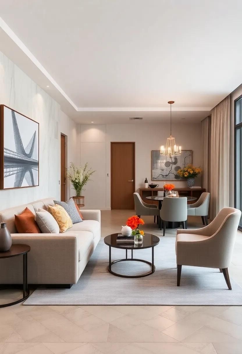 A small living room styled in neutral tones with soft accent colors.