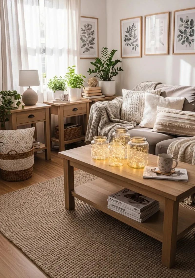 Small living room with potted plants on side tables.