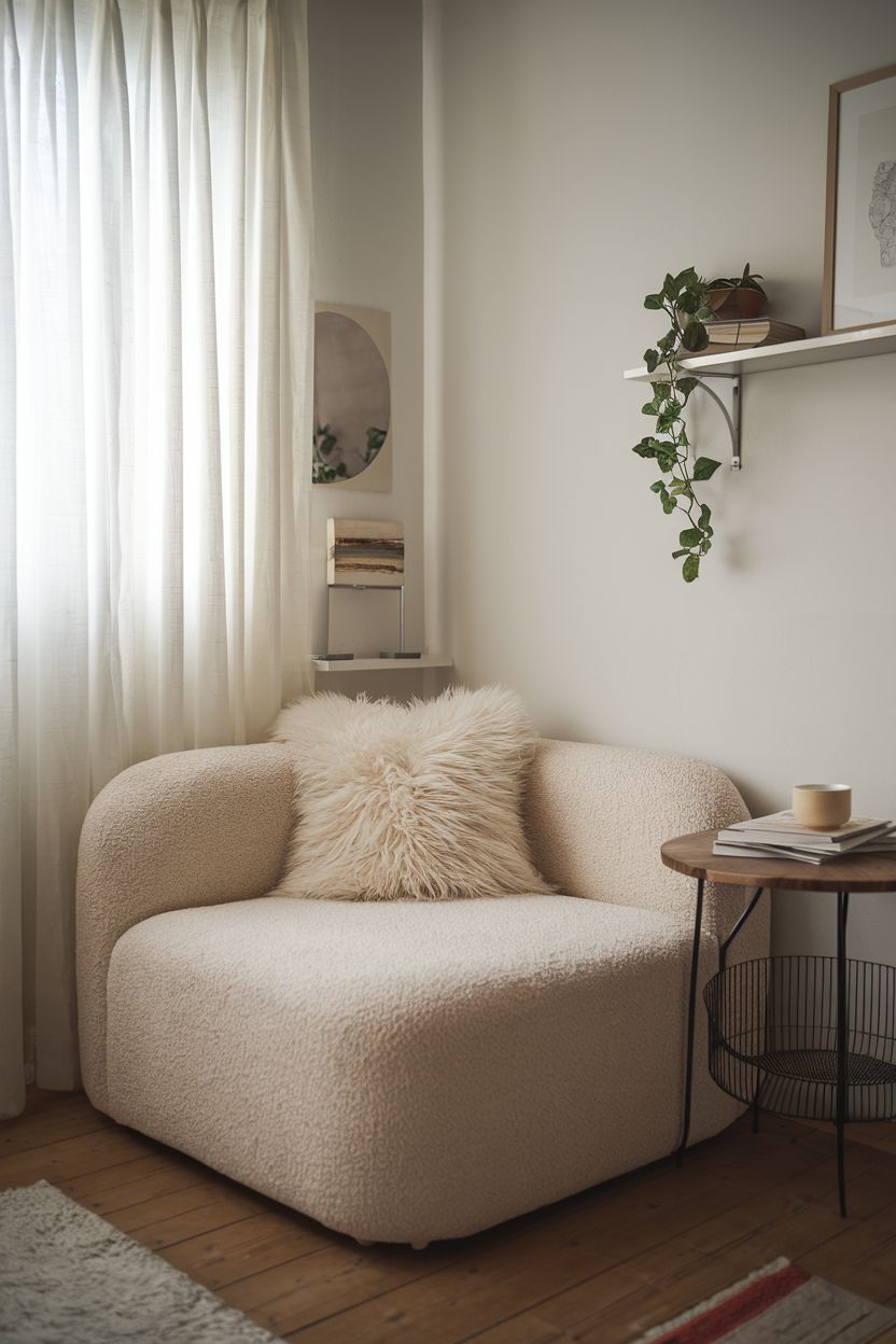 A stylish accent chair in the corner decorated with a throw pillow.