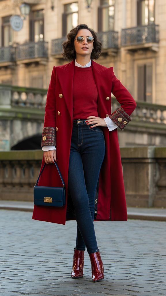 A lady putting on layered outfits.