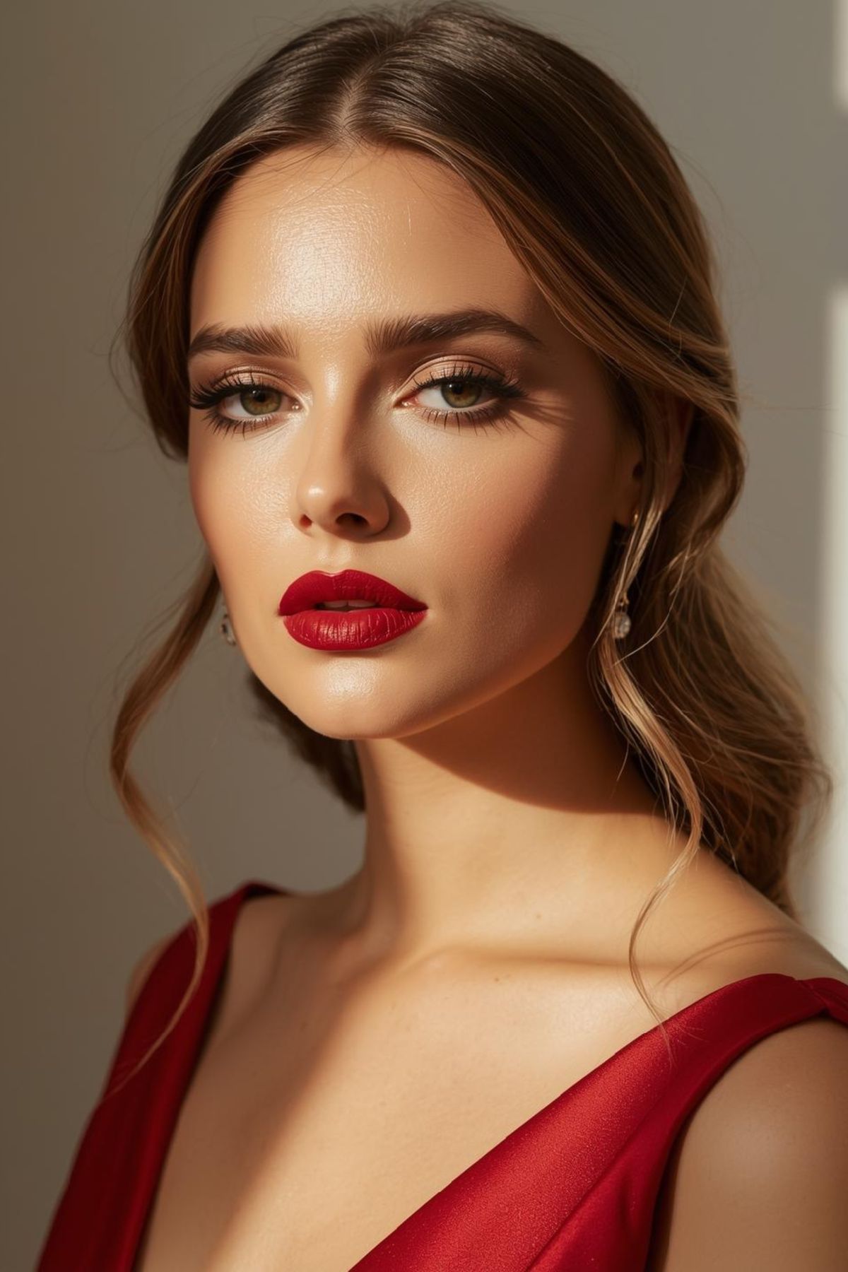 A close-up shot showing soft romantic makeup with glowing skin and a subtle lip color.