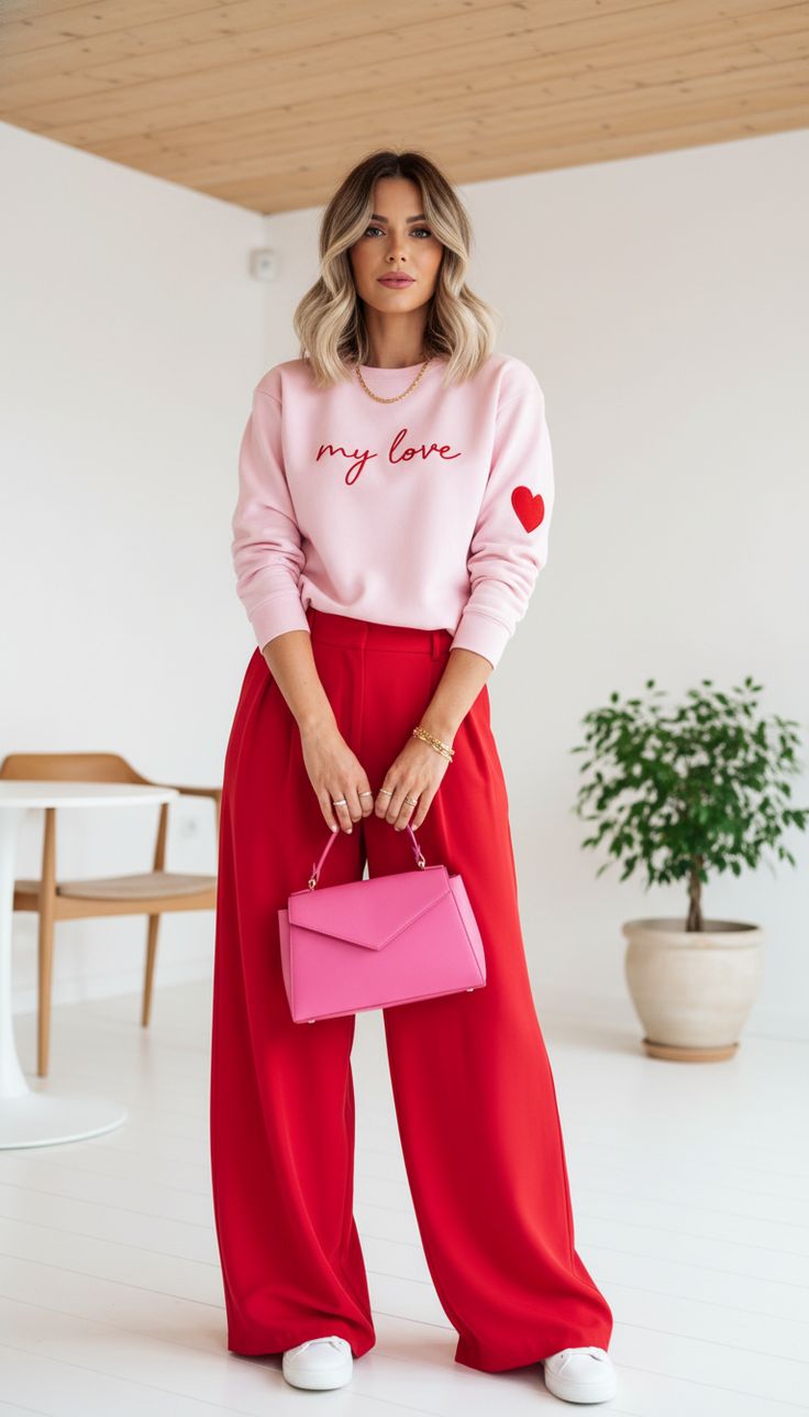 A styled outfit featuring one red or pink item paired with neutral pieces.