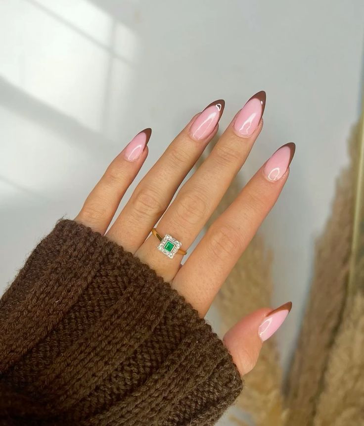Chocolate milk brown nails with pink French tips for Valentine’s Day.
