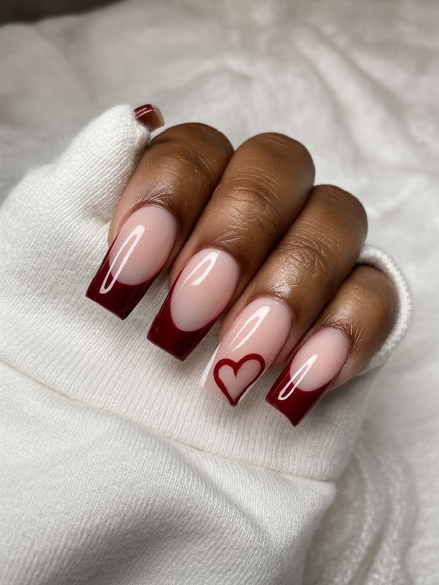 Deep wine Valentine’s Day nails with black French tips.
