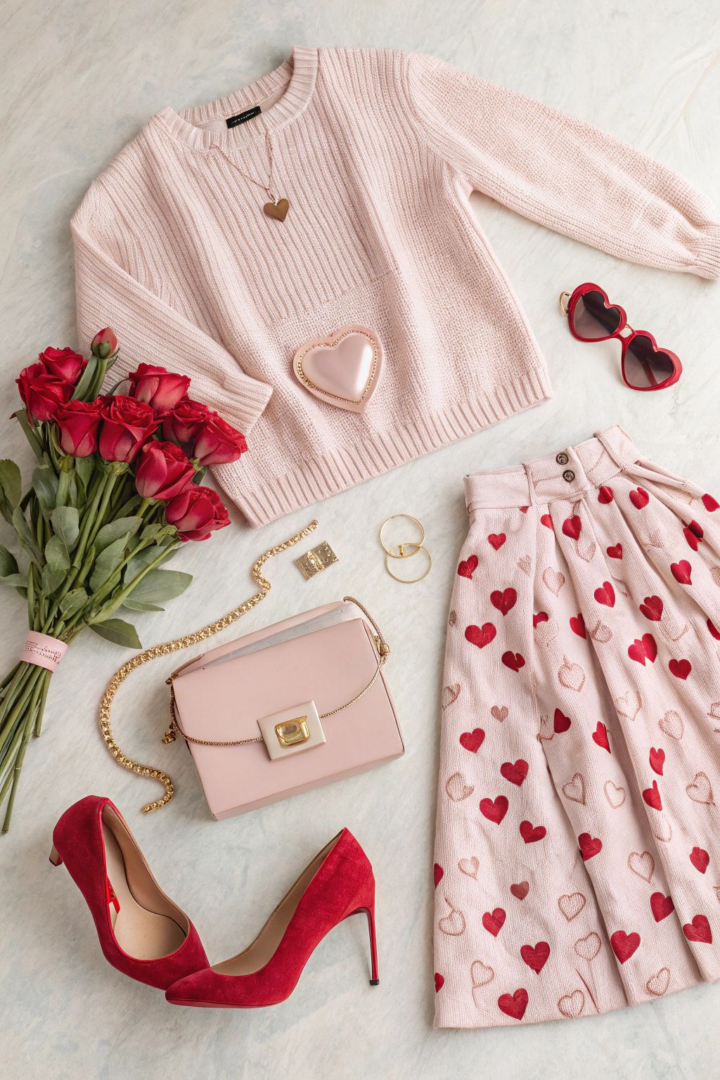 Valentine’s Day outfit flat lay with clothes, shoes, and accessories planned in advance.