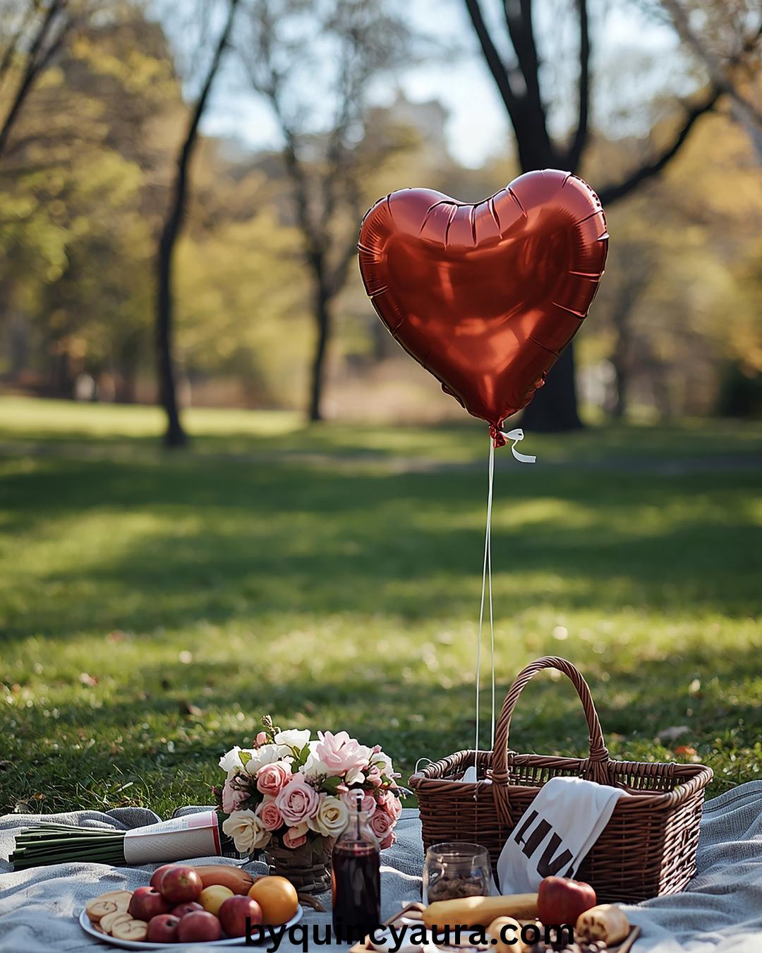 Romantic Valentine’s Day picnic setup in a quiet park with a cozy blanket, picnic basket, and flowers.