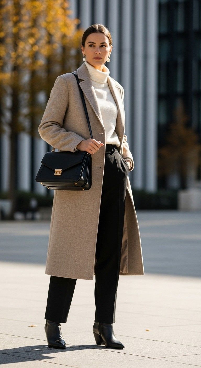 Minimalist structured handbag in  black, styled with winter coat.